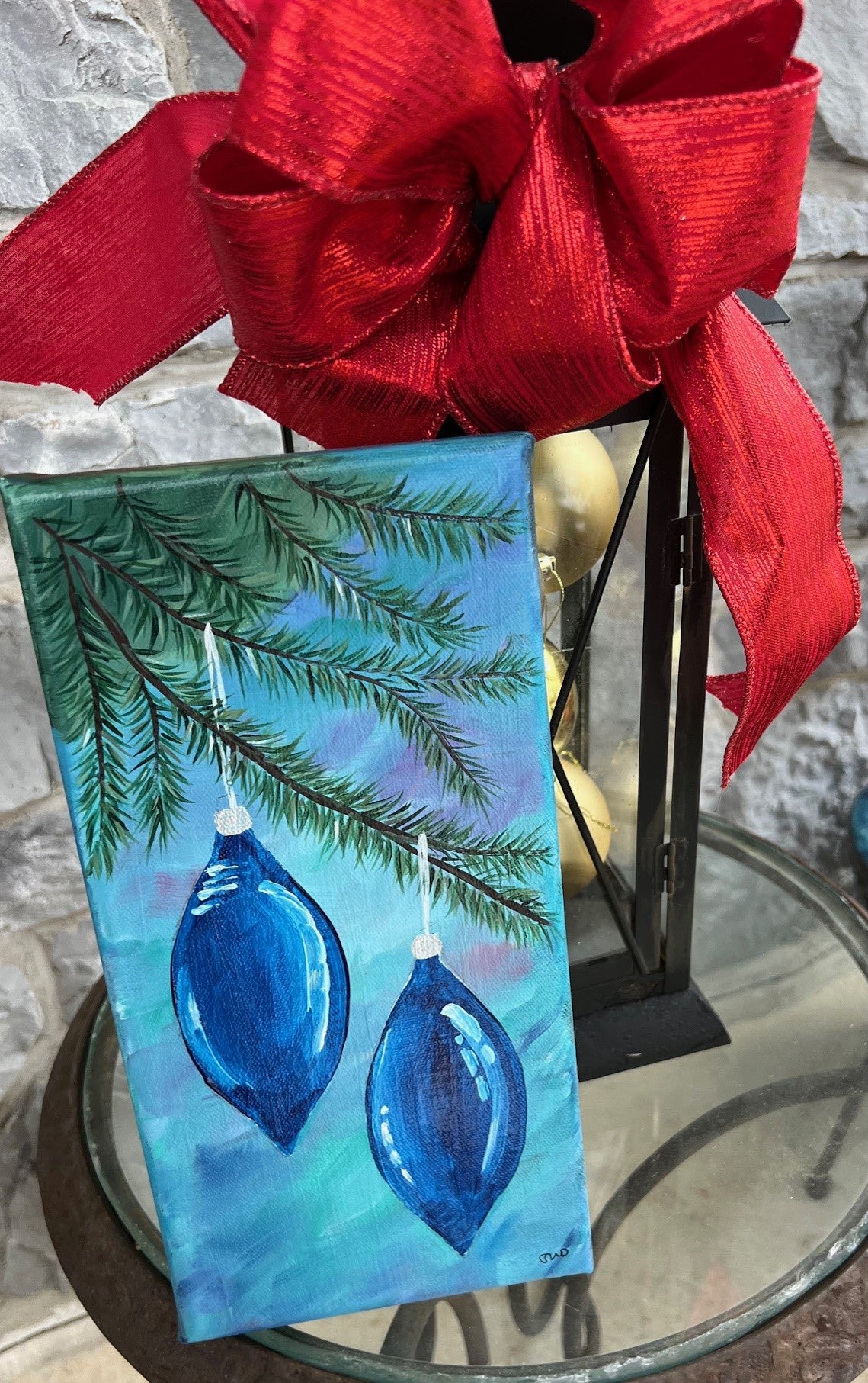 Holiday - Blue dual drops - 7 x 12" acrylic on canvas