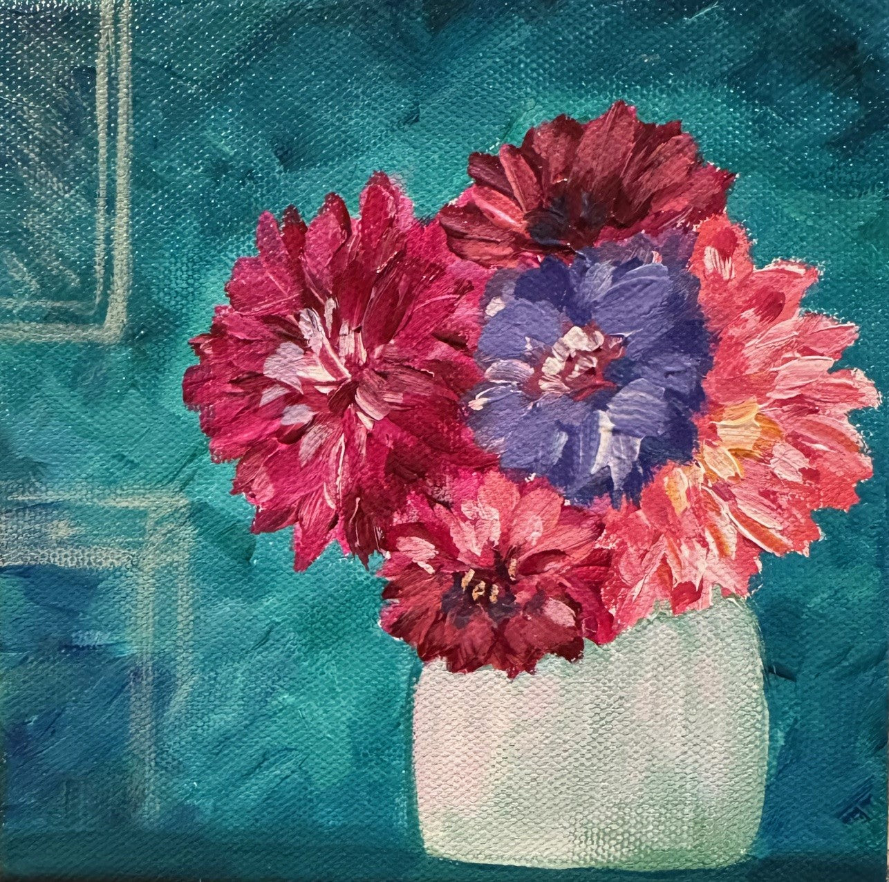 Fun-Sized floral 6 x 6" acrylic on a chunky 1.25" thick canvas - Deep Reds - Turquoise