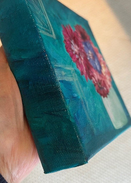 Fun-Sized floral 6 x 6" acrylic on a chunky 1.25" thick canvas - Deep Reds - Turquoise