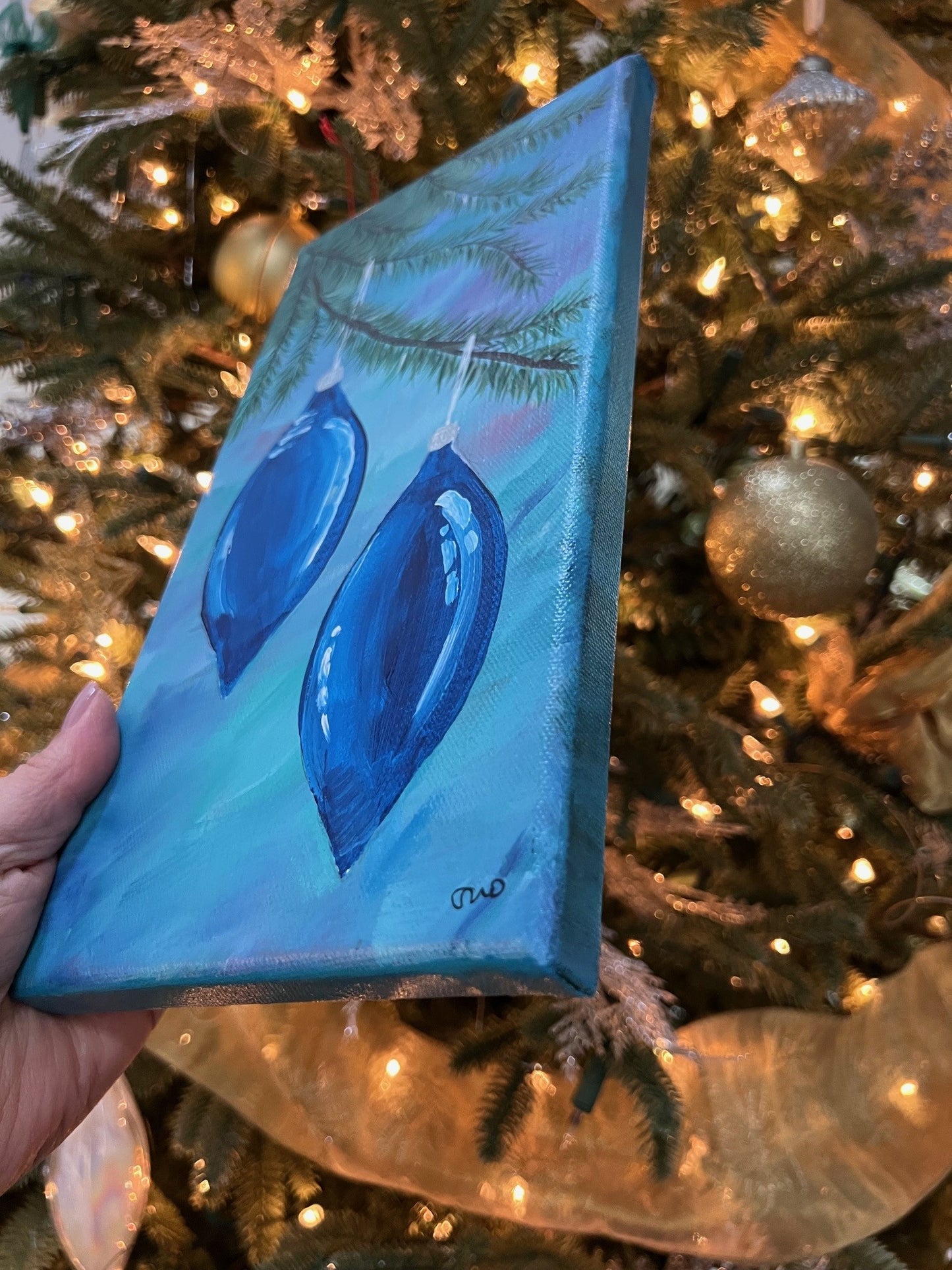 Holiday - Blue dual drops - 7 x 12" acrylic on canvas