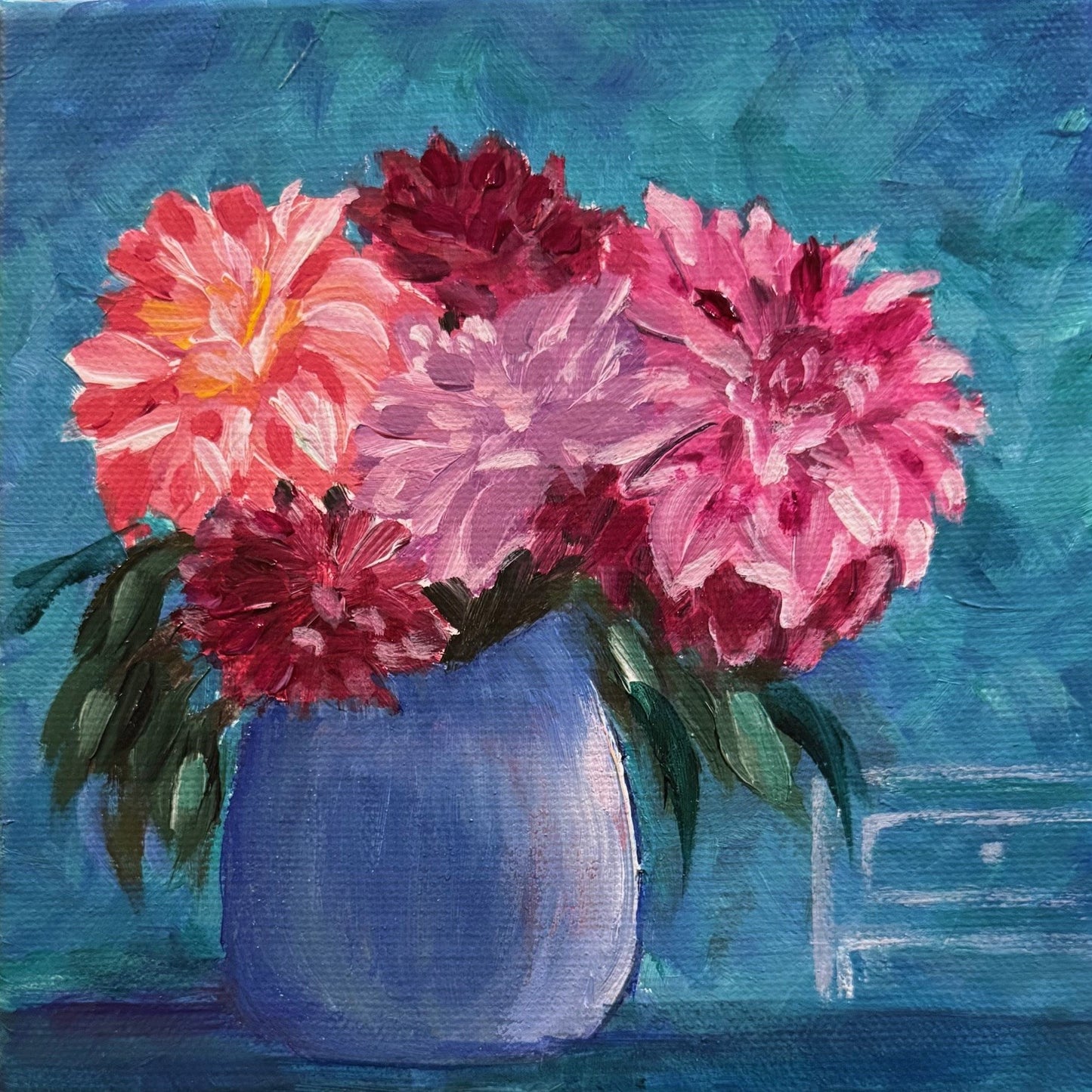 Fun-Sized floral 6 x 6" acrylic on a chunky 1.25" thick canvas - Multi on Aqua