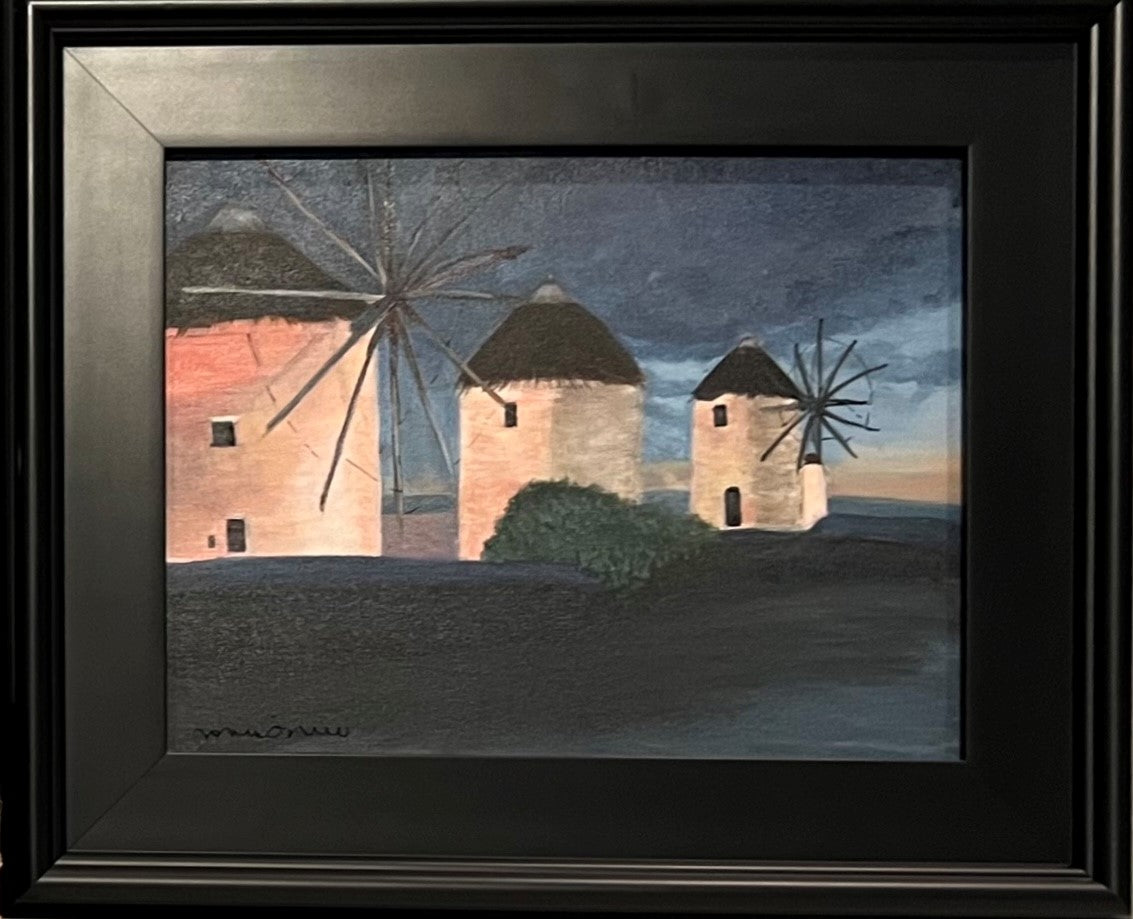 Mykonos at Dusk windmills - 11 x 14 framed original