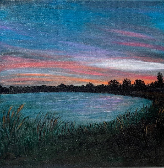 Dusk at the Reservoir - 12 x 12  framed original