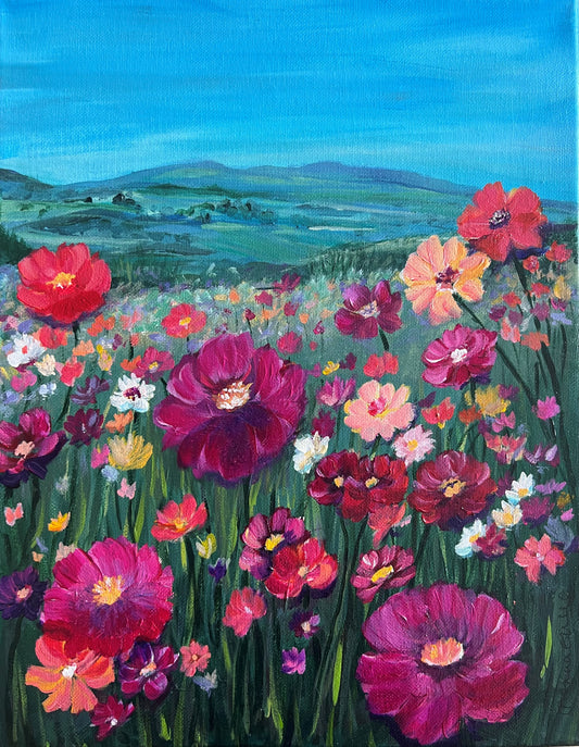 Peaks and Petals -Bright sky- 11 x 14" original acrylic on canvas