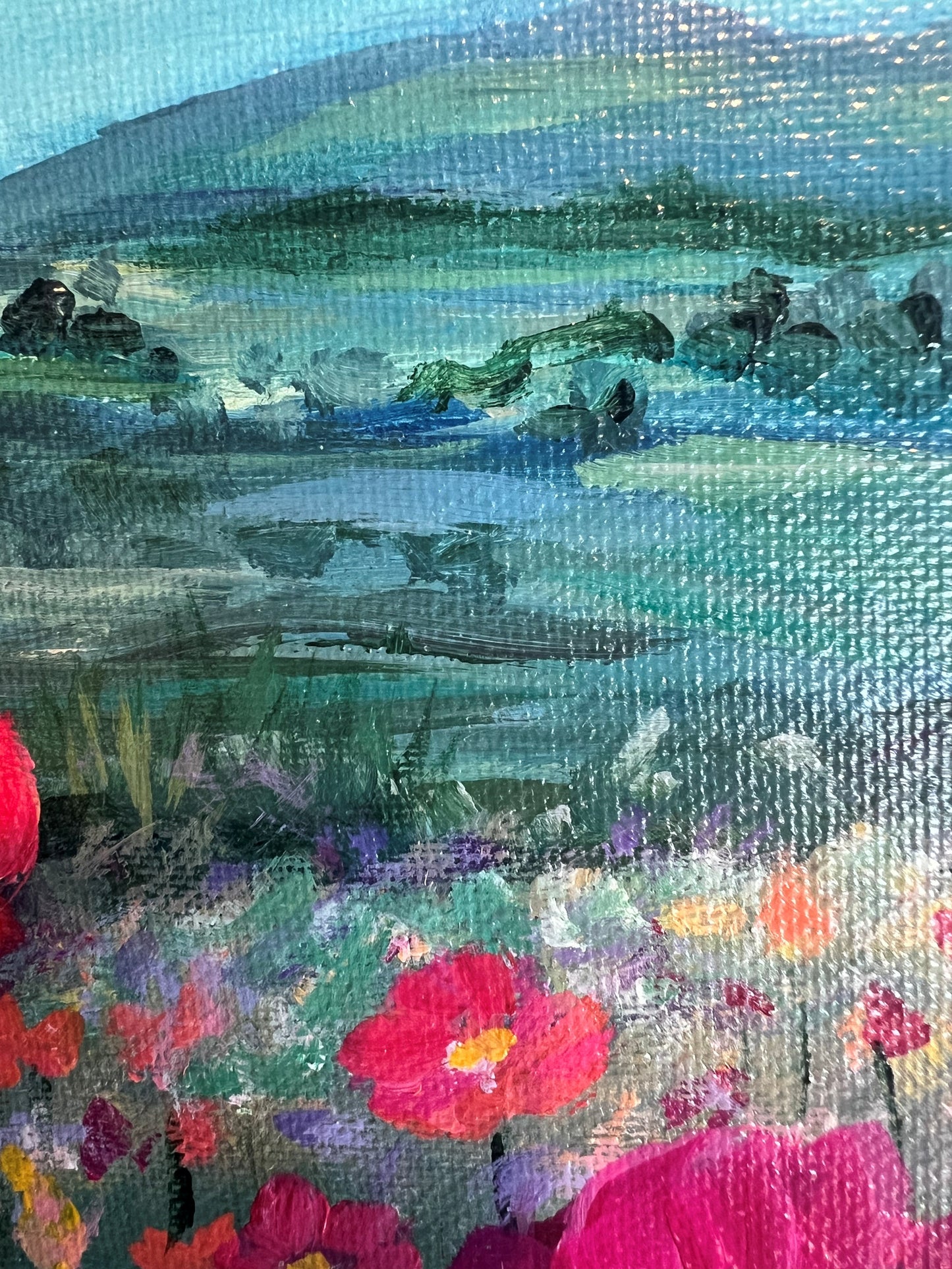 Peaks and Petals -Bright sky- 11 x 14" original acrylic on canvas