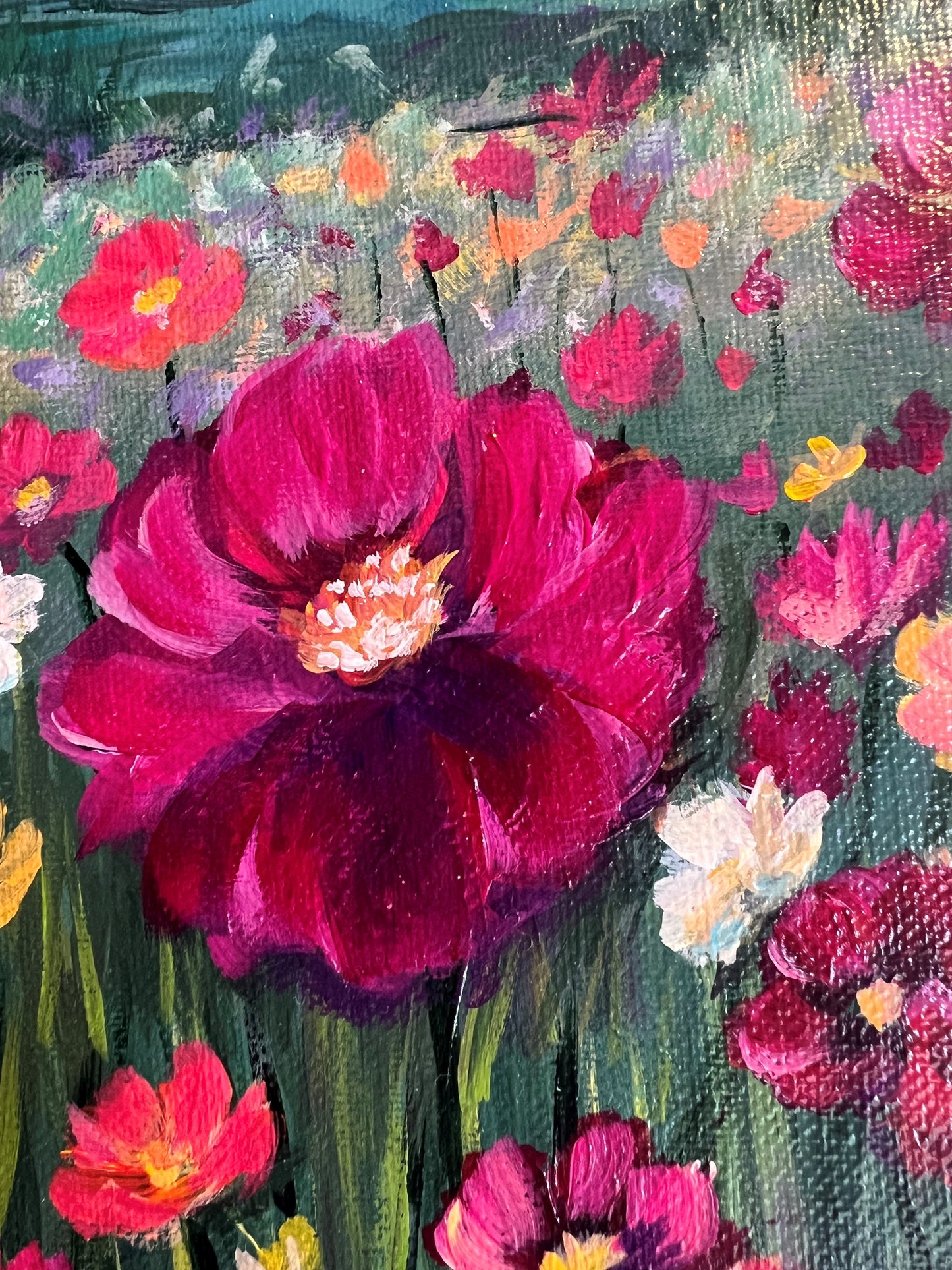 Peaks and Petals -Bright sky- 11 x 14" original acrylic on canvas
