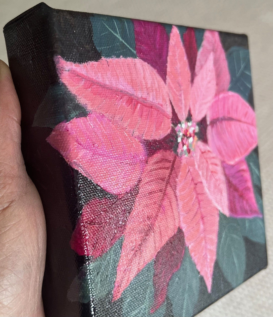 Fun-Sized floral 6 x 6" acrylic on a chunky 1.25" thick canvas - Pink Poinsettia