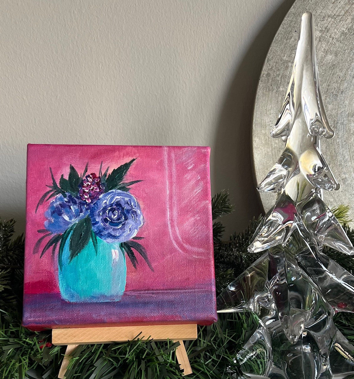 Fun-Sized floral 6 x 6" acrylic on a chunky 1.25" thick canvas - Pink-Teal