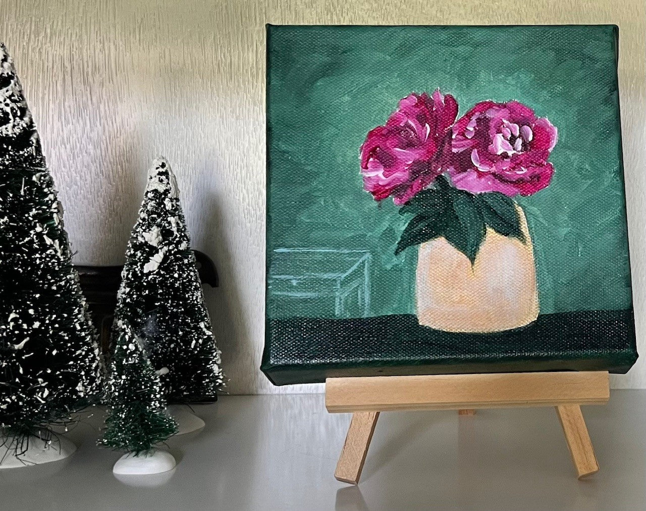 Fun-Sized floral 6 x 6" acrylic on a chunky 1.25" thick canvas - Rose/Gold vase
