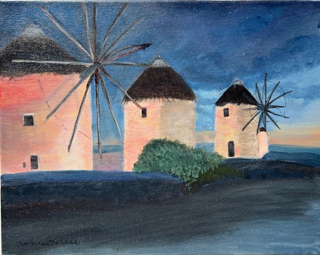 Mykonos at Dusk windmills - 11 x 14 framed original